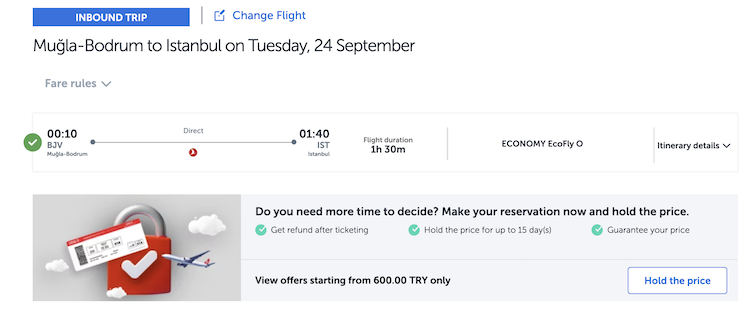 shorthaul pricing options for turkish airlines holds